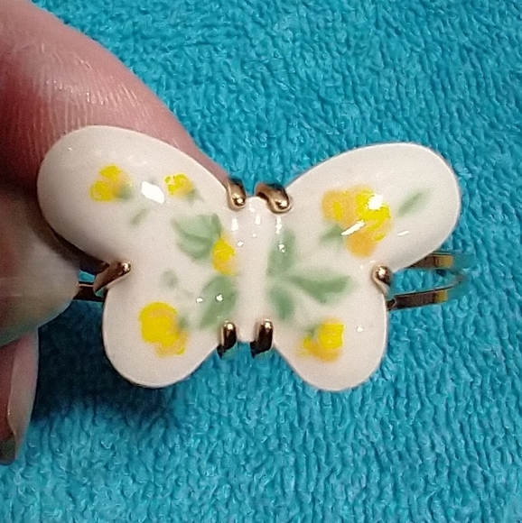 Goldtone Ceramic Yellow White Green Butterfly Cuff Bracelet Vintage - Picture 3 of 6
